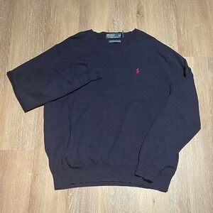 Polo Ralph Lauren XXL Pima Cotton V-Neck Sweater Men Navy Blue Red Logo Pony EUC